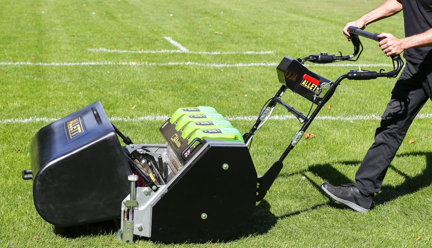 Load video: Allett C34E- 34&#39;&#39; Battery Powered Interchangeable Cartridge Cylinder (Reel) Mower